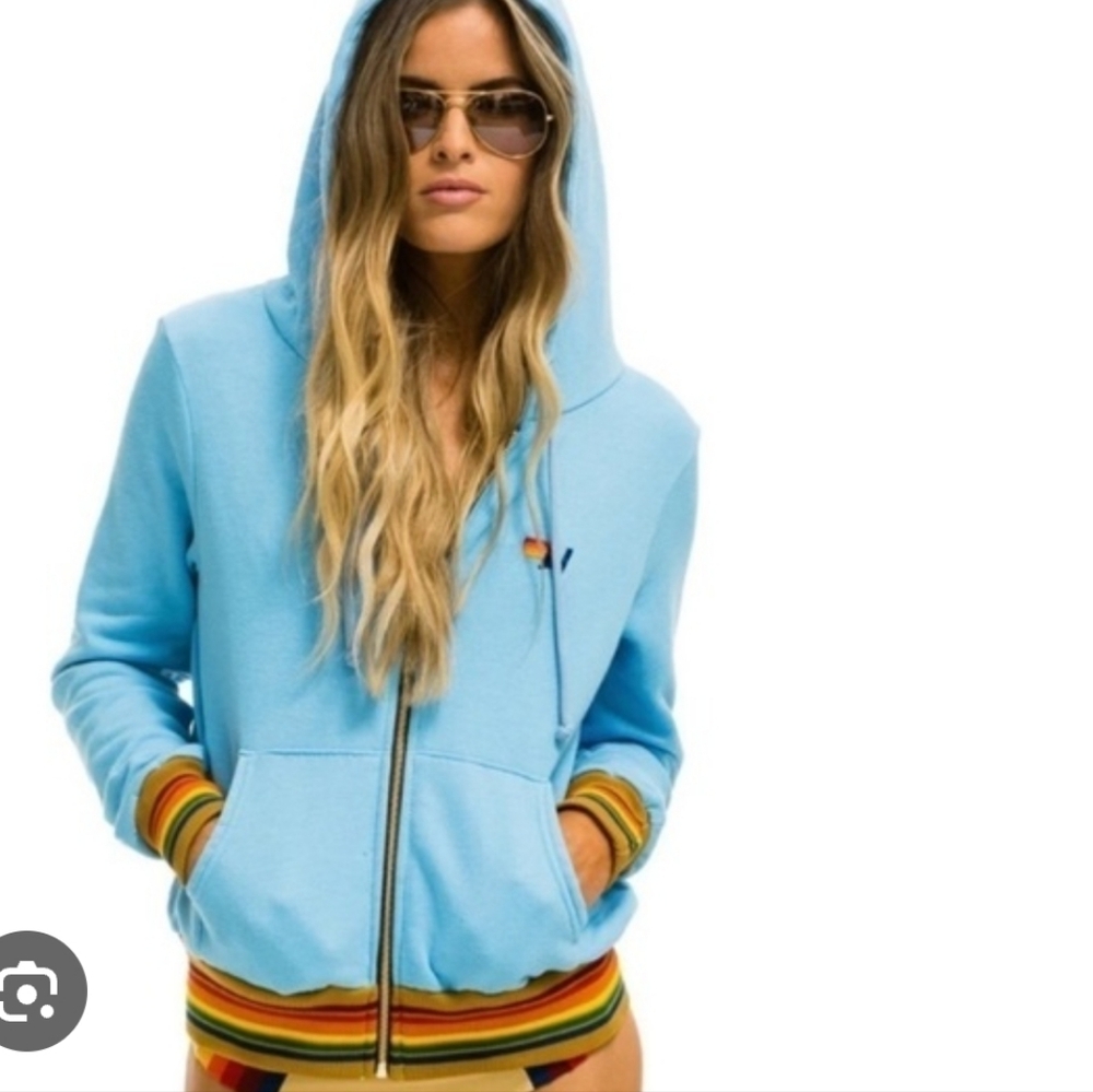 Like New Aviator Nation Blue Hoodie with Rainbow Zip Up